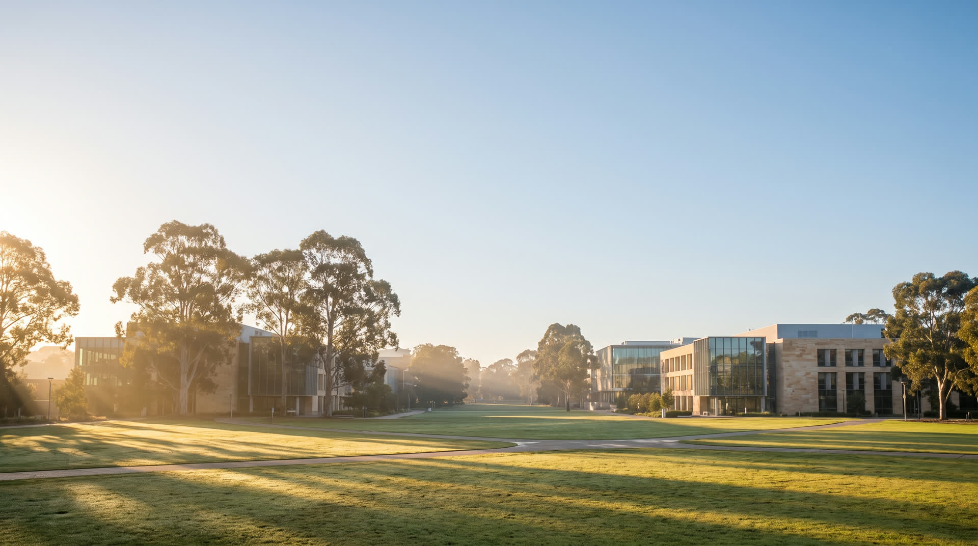 A university campus lawn at first light, with gum trees and low sun